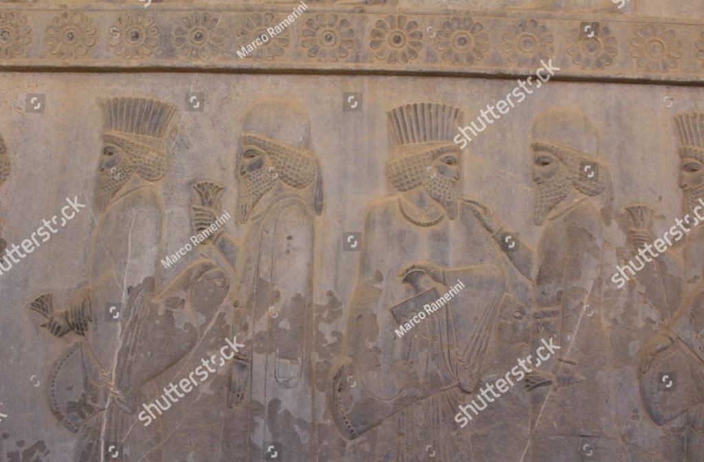 Persepolis, Iran. A bas-relief of the Apadana. Ruins of the ceremonial capital of the Persian Empire (Achaemenid Empire). Author and copyright Marco Ramerini.