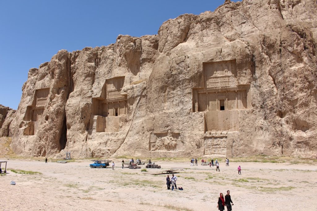 The tombs of Darius II, Artaxerxes I, and Darius I, Naqsh-e Rostam, Iran. Author and Copyright Marco Ramerini