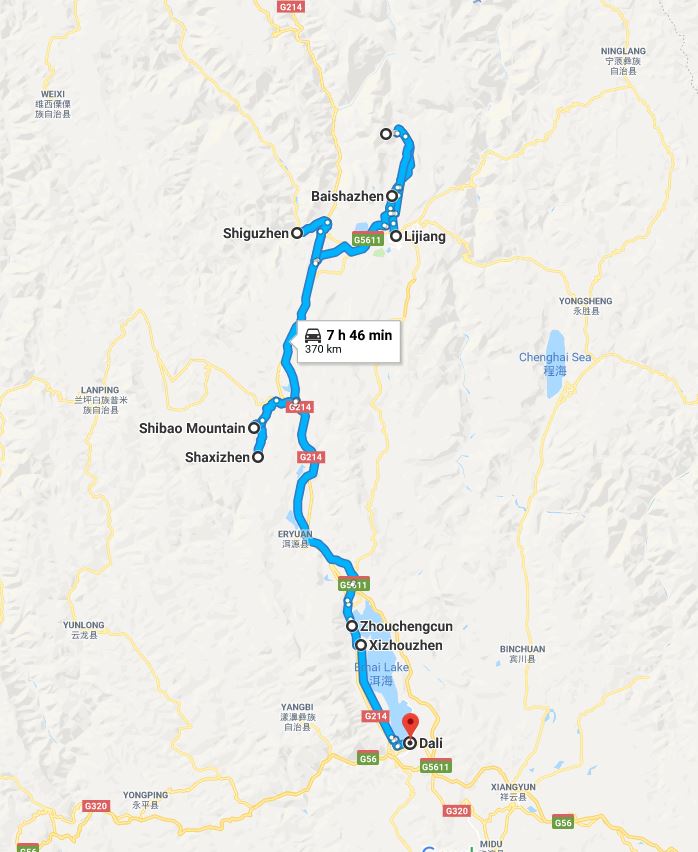 Map of the travel in Yunnan, northern part