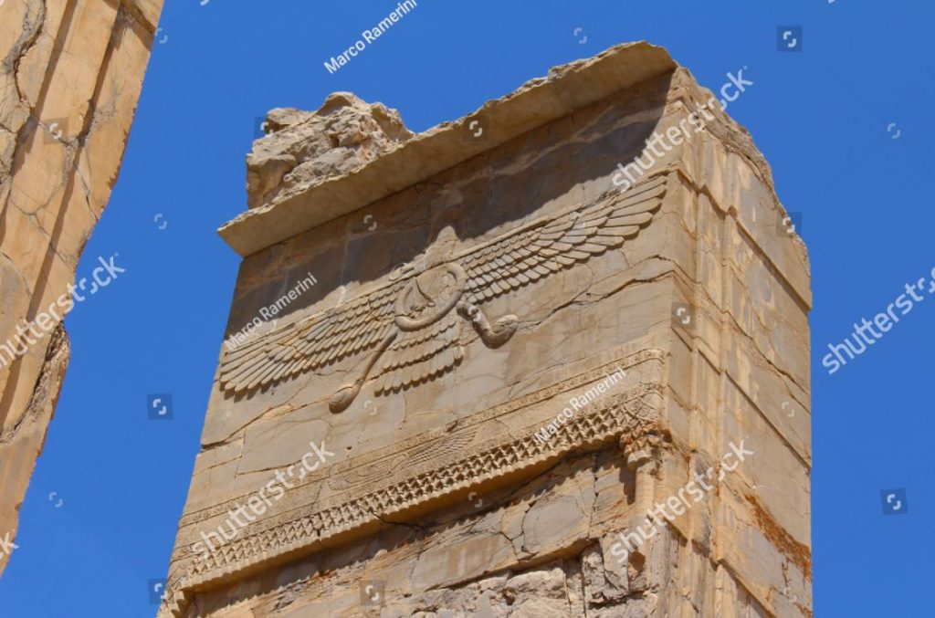 Persepolis, Iran. Symbol des Zoroastrismus. Ruinen der zeremoniellen Hauptstadt des Persischen Reiches (Achämenidenreich). Autor und Copyright Marco Ramerini