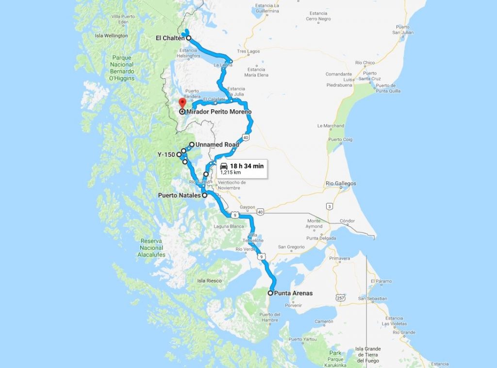 Map of the photographic trip in Patagonia