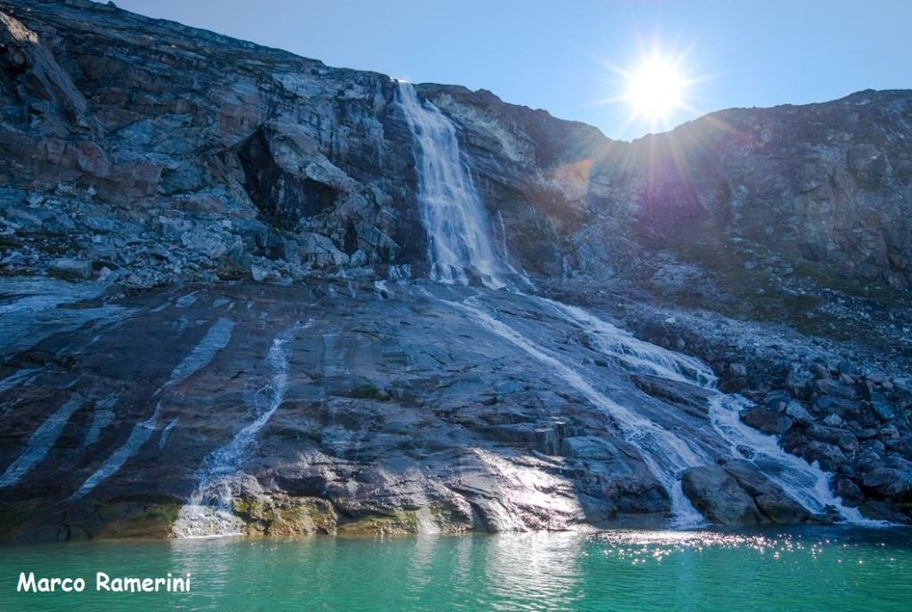 Waterfall near the Eqi Glacier, Greenland. Author and Copyright Marco Ramerini