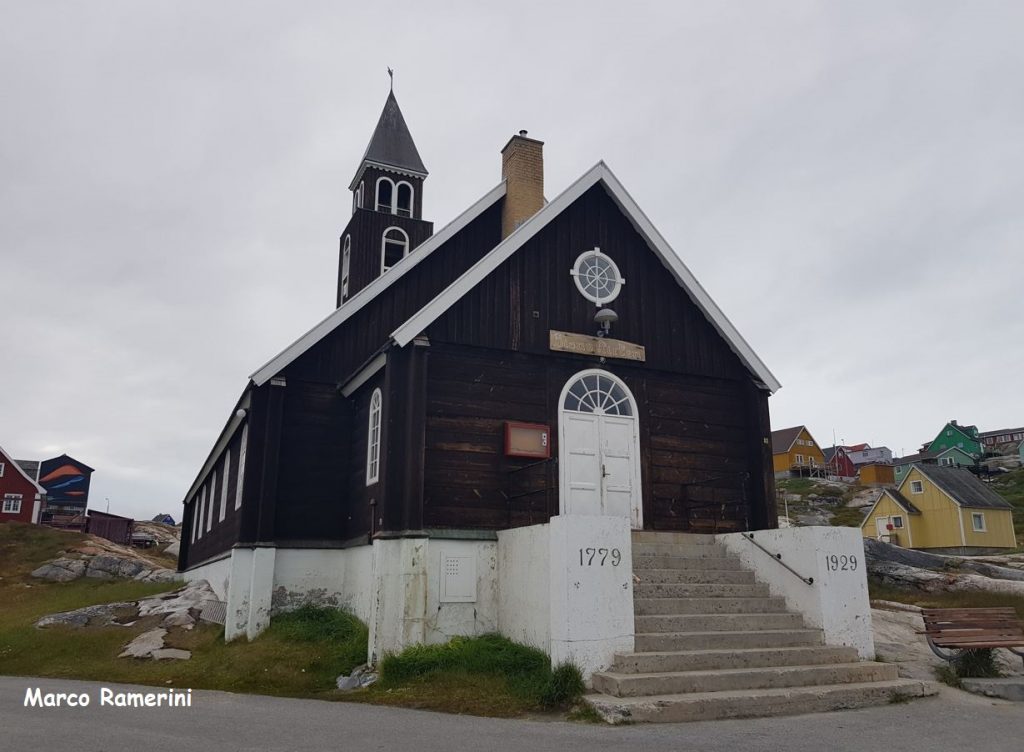 The facade of the Zions Kirke one of the oldest churches in Greenland. Author and Copyright Marco Ramerini